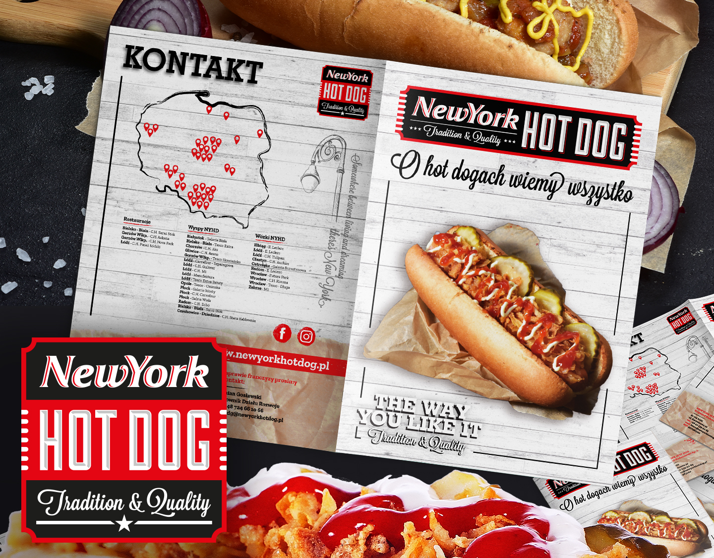 New York Hot Dog ulotki reklamowe z lokalizacjami restauracji, wysp i wózków