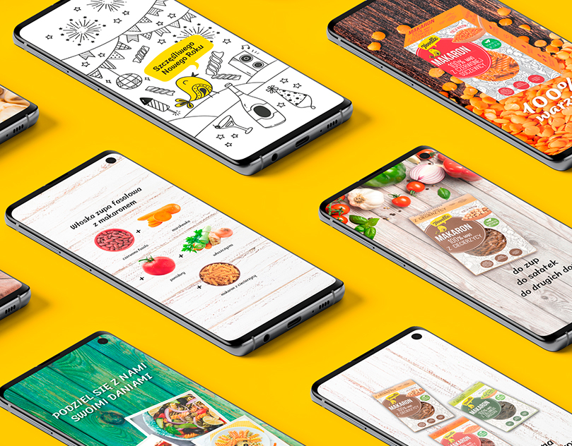 Novelle makarony grafiki reklamowe przedstawione na telefonach komórkowych